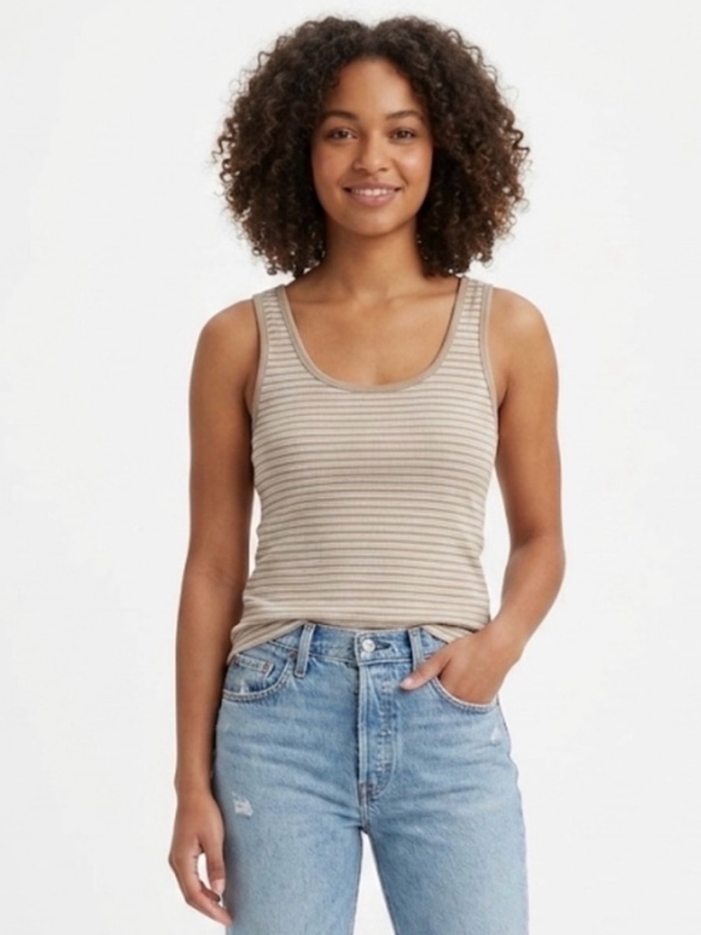 NWT Levi’s Essential Tank Top Beige White Striped Ribbed Knit XXL Slim Fit